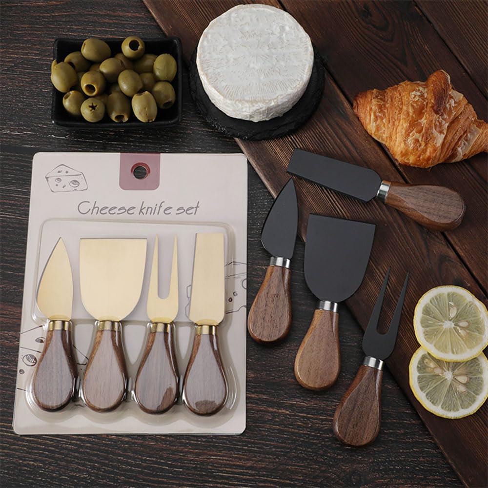 4-Piece Set of Stainless Steel Cheese Knives with Wood Hand, Including Cheese Slicer and Cheese Cutters, Essential Cheese Tools for the Kitchen (Walnut handle, Gold)