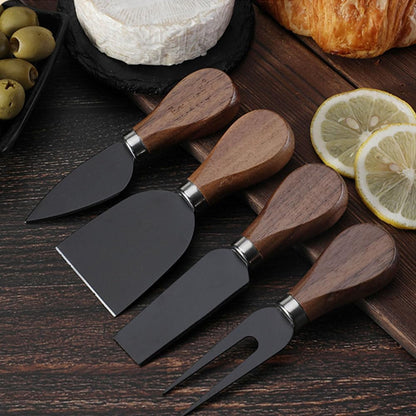 4-Piece Set of Stainless Steel Cheese Knives with Wood Hand, Including Cheese Slicer and Cheese Cutters, Essential Cheese Tools for the Kitchen (Walnut handle, Gold)
