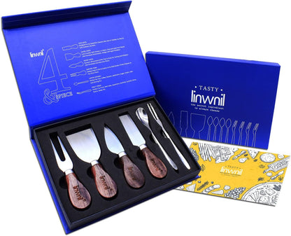 4-Piece Set of Stainless Steel Cheese Knives with Wood Hand, Including Cheese Slicer and Cheese Cutters, Essential Cheese Tools for the Kitchen (Walnut handle, Gold)