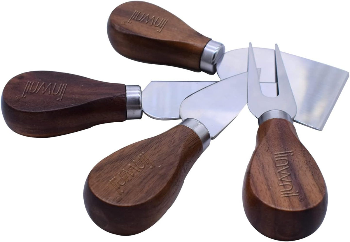4-Piece Set of Stainless Steel Cheese Knives with Wood Hand, Including Cheese Slicer and Cheese Cutters, Essential Cheese Tools for the Kitchen (Walnut handle, Gold)