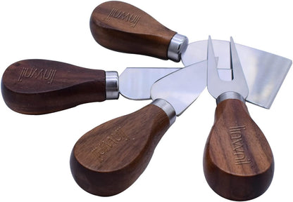 4-Piece Set of Stainless Steel Cheese Knives with Wood Hand, Including Cheese Slicer and Cheese Cutters, Essential Cheese Tools for the Kitchen (Walnut handle, Gold)