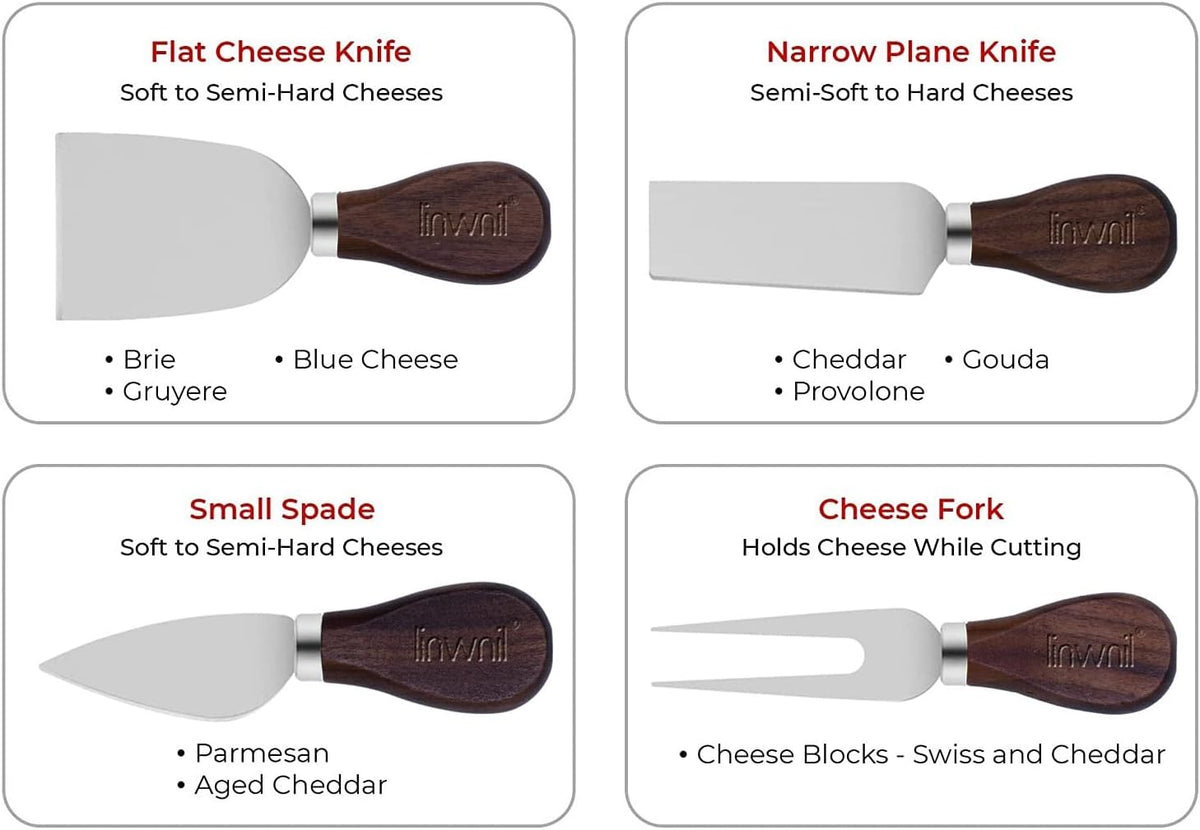 4-Piece Set of Stainless Steel Cheese Knives with Wood Hand, Including Cheese Slicer and Cheese Cutters, Essential Cheese Tools for the Kitchen (Walnut handle, Gold)