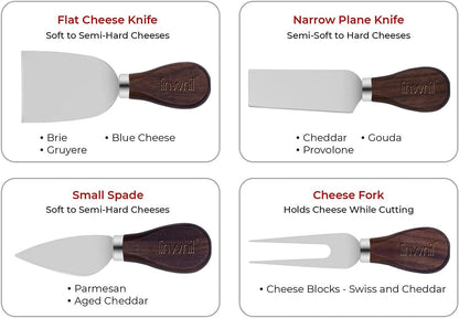 4-Piece Set of Stainless Steel Cheese Knives with Wood Hand, Including Cheese Slicer and Cheese Cutters, Essential Cheese Tools for the Kitchen (Walnut handle, Gold)