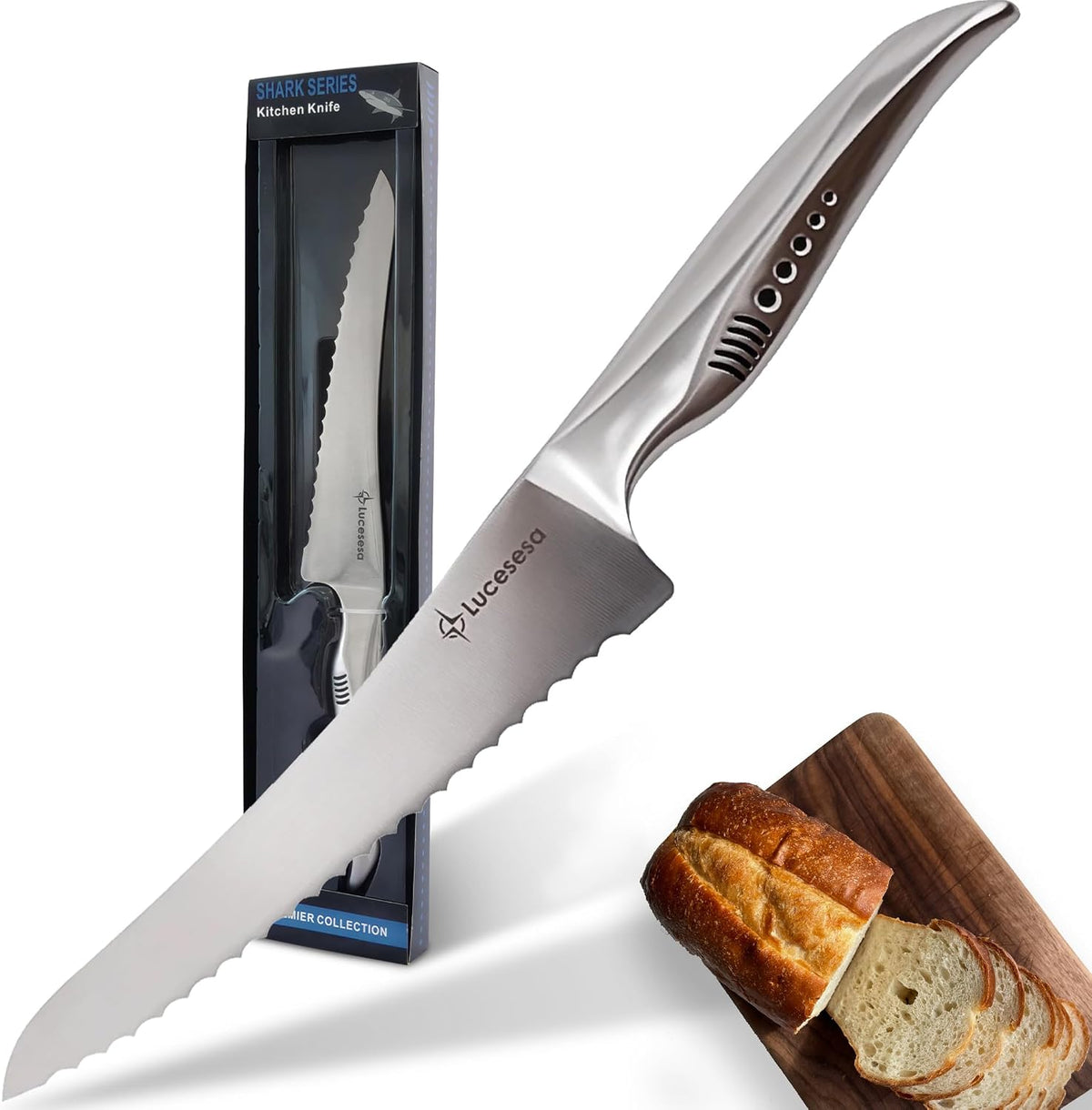 8" Bread Knife, Tomato Knife, Multifunction Serrated Bread Knife Ultra Sharp Offset, Steel Handle Shark-Inspired Ergonomic Stainless for Homemade Bread, Bagels, Sourdough, Vegetables, Fruits