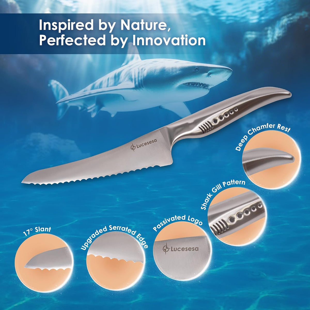 8" Bread Knife, Tomato Knife, Multifunction Serrated Bread Knife Ultra Sharp Offset, Steel Handle Shark-Inspired Ergonomic Stainless for Homemade Bread, Bagels, Sourdough, Vegetables, Fruits