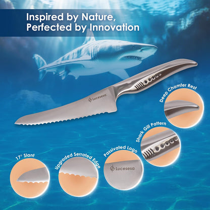 8" Bread Knife, Tomato Knife, Multifunction Serrated Bread Knife Ultra Sharp Offset, Steel Handle Shark-Inspired Ergonomic Stainless for Homemade Bread, Bagels, Sourdough, Vegetables, Fruits
