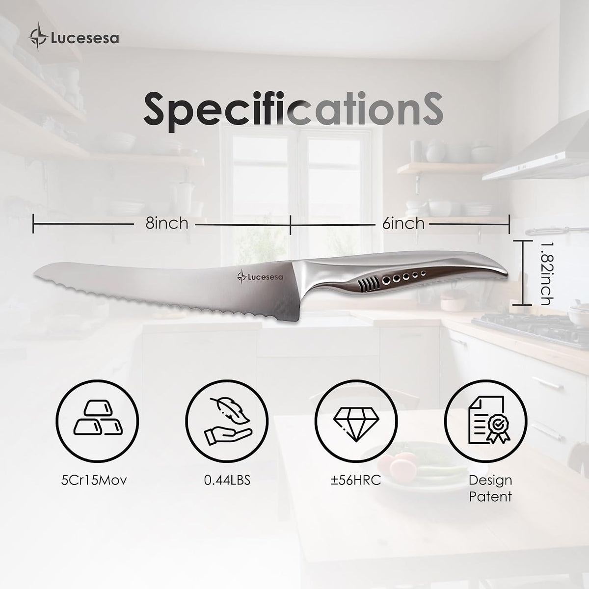 8" Bread Knife, Tomato Knife, Multifunction Serrated Bread Knife Ultra Sharp Offset, Steel Handle Shark-Inspired Ergonomic Stainless for Homemade Bread, Bagels, Sourdough, Vegetables, Fruits