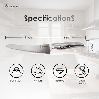 8" Bread Knife, Tomato Knife, Multifunction Serrated Bread Knife Ultra Sharp Offset, Steel Handle Shark-Inspired Ergonomic Stainless for Homemade Bread, Bagels, Sourdough, Vegetables, Fruits