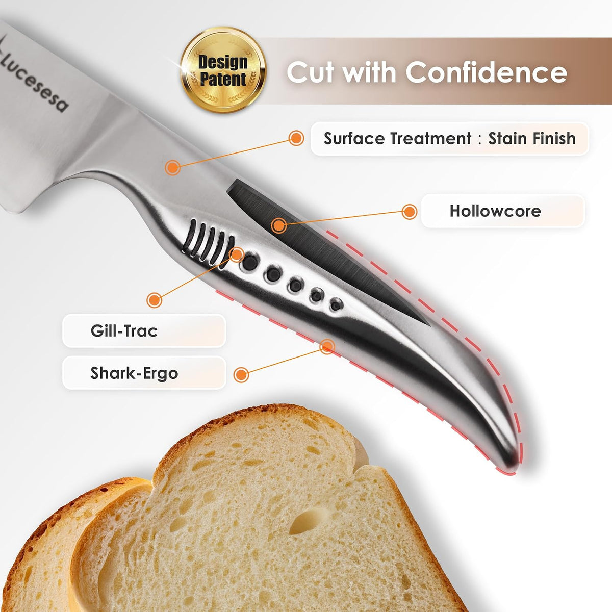 8" Bread Knife, Tomato Knife, Multifunction Serrated Bread Knife Ultra Sharp Offset, Steel Handle Shark-Inspired Ergonomic Stainless for Homemade Bread, Bagels, Sourdough, Vegetables, Fruits