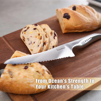 8" Bread Knife, Tomato Knife, Multifunction Serrated Bread Knife Ultra Sharp Offset, Steel Handle Shark-Inspired Ergonomic Stainless for Homemade Bread, Bagels, Sourdough, Vegetables, Fruits