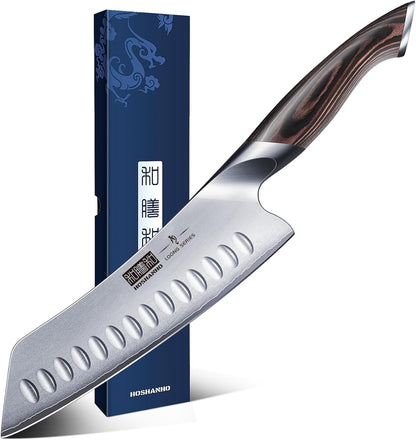 7 Inch Japanese Chef Knife, Ultra Sharp Kitchen Santoku Knives | Professional Japanese High Carbon Stainless Steel Kitchen Knife, Cooking Knife with Ergonomic Pakkawood Handle, Gifts