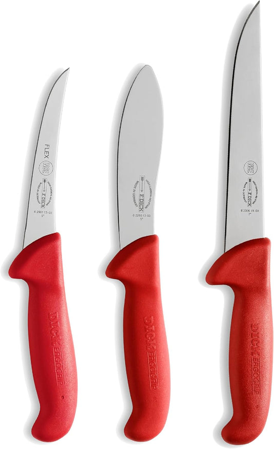 – ErgoGrip Knife Set - 3 piece hunting knife set consisting of boning knife, skinning knife & cut-off knife - Ideal for hunters - NSF Certified - High carbon - Ultra sharp - Made in Germany