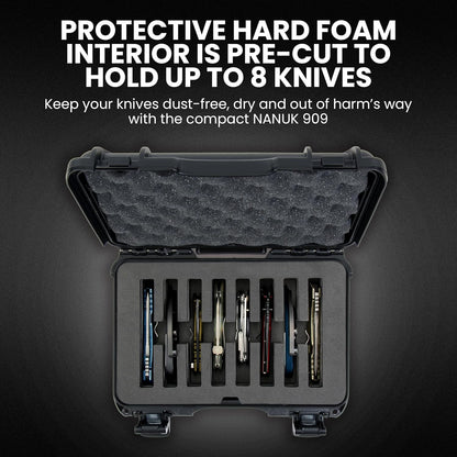 909 Travel Knife Case – Waterproof Pocket Knife Storage with 8 Slots, 12.6” x 9” x 4.4” - Lightweight, Lockable, Dustproof, Impact-Resistant & Durable - Black