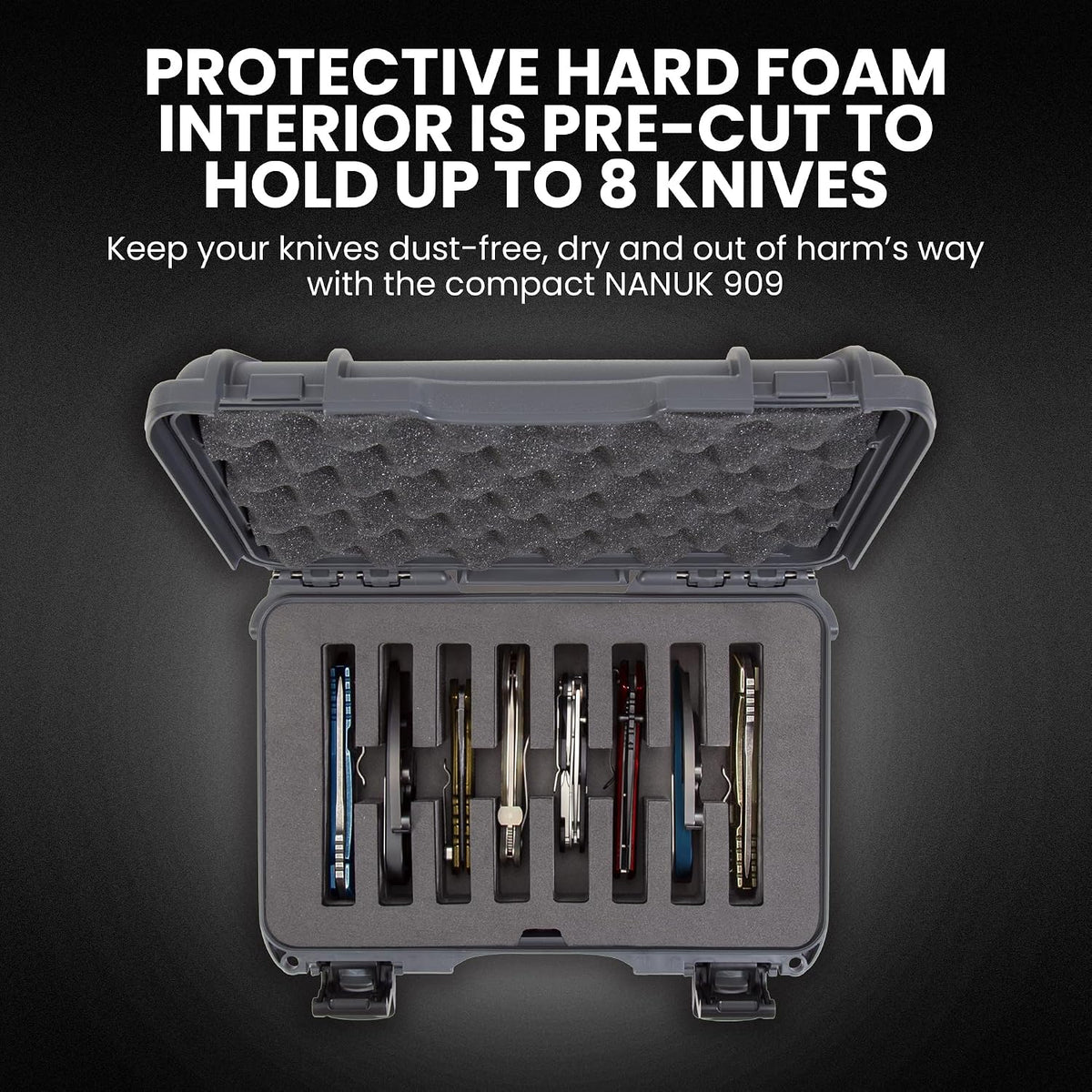 909 Travel Knife Case – Waterproof Pocket Knife Storage with 8 Slots, 12.6” x 9” x 4.4” - Lightweight, Lockable, Dustproof, Impact-Resistant & Durable - Black