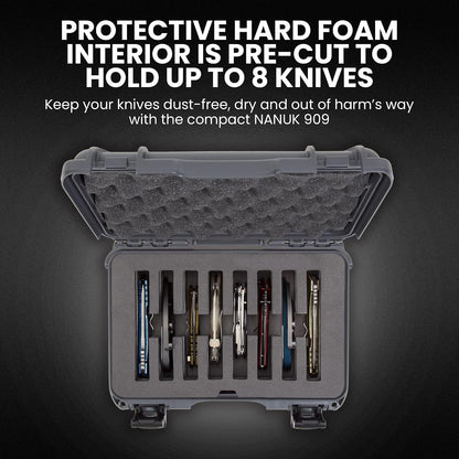 909 Travel Knife Case – Waterproof Pocket Knife Storage with 8 Slots, 12.6” x 9” x 4.4” - Lightweight, Lockable, Dustproof, Impact-Resistant & Durable - Black