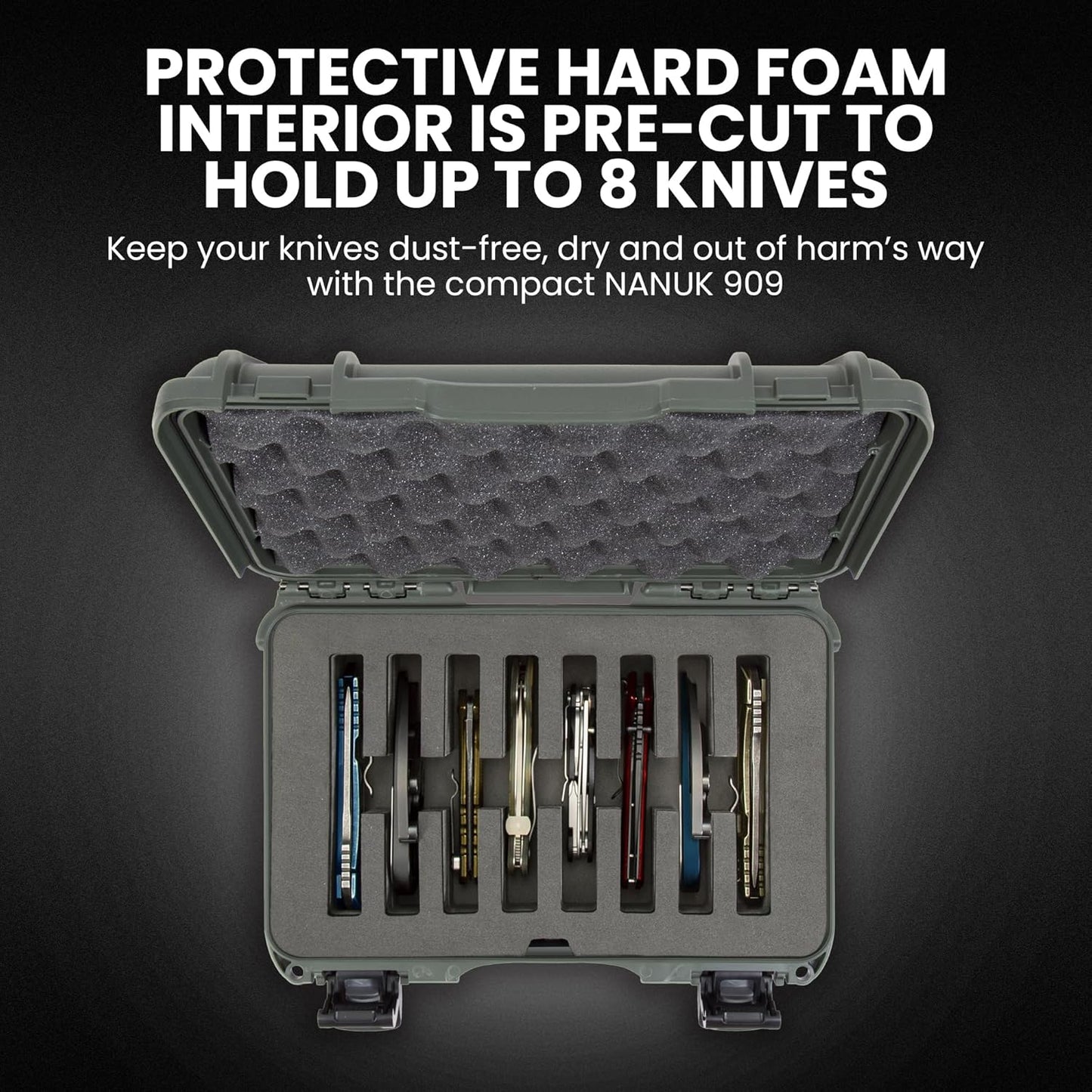 909 Travel Knife Case – Waterproof Pocket Knife Storage with 8 Slots, 12.6” x 9” x 4.4” - Lightweight, Lockable, Dustproof, Impact-Resistant & Durable - Black
