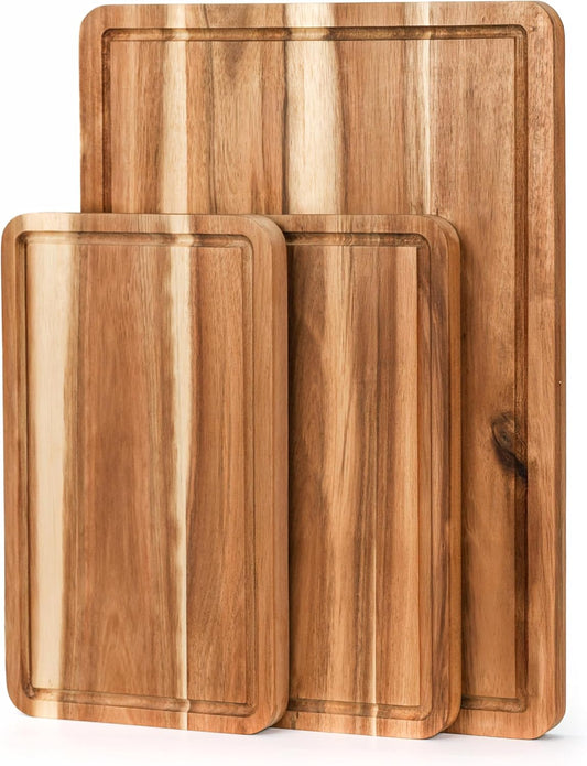 Acacia Wood Cutting Board Set of 3 for Kitchen, Serving, Charcuterie and Food Prep, Pre-Oiled Wooden Boards with Juice Groove (17x12, 12x10, 12x7 Inch)