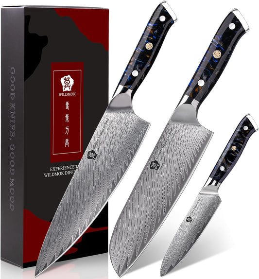 Damascus Kitchen Knife Sets 3 PCS, Japanese Kitchen Knife Set Damascus Steel Core, Ultra-Sharp Professional Chef Knife Set and Full Handle, Gift Box