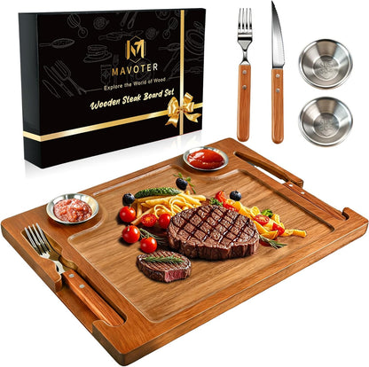 Acacia Wooden Steak Board Set Carnivore Cutting Board Plate for Eating | Steak Serving Charcuterie Boards with Knife Fork Sauce Cups & Deep Groove for Dinner BBQ Party Restaurant Housewarming Gifts
