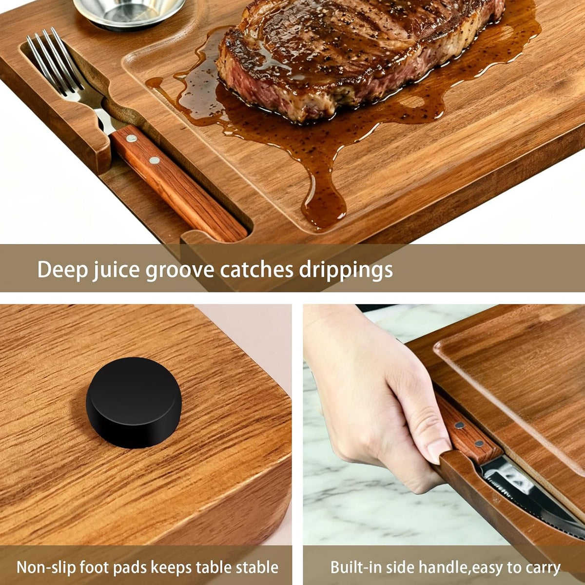 Acacia Wooden Steak Board Set Carnivore Cutting Board Plate for Eating | Steak Serving Charcuterie Boards with Knife Fork Sauce Cups & Deep Groove for Dinner BBQ Party Restaurant Housewarming Gifts