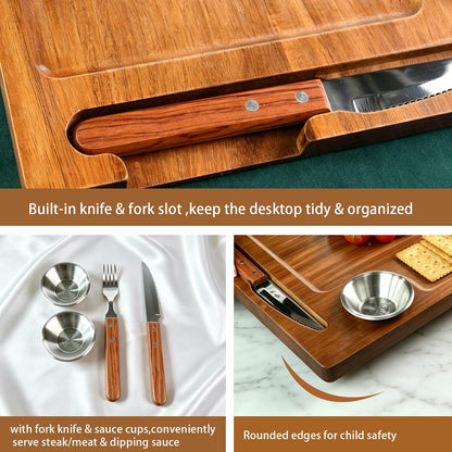 Acacia Wooden Steak Board Set Carnivore Cutting Board Plate for Eating | Steak Serving Charcuterie Boards with Knife Fork Sauce Cups & Deep Groove for Dinner BBQ Party Restaurant Housewarming Gifts