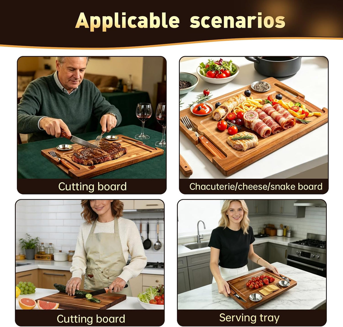 Acacia Wooden Steak Board Set Carnivore Cutting Board Plate for Eating | Steak Serving Charcuterie Boards with Knife Fork Sauce Cups & Deep Groove for Dinner BBQ Party Restaurant Housewarming Gifts