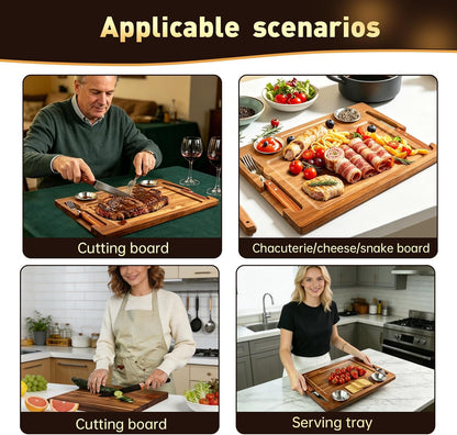 Acacia Wooden Steak Board Set Carnivore Cutting Board Plate for Eating | Steak Serving Charcuterie Boards with Knife Fork Sauce Cups & Deep Groove for Dinner BBQ Party Restaurant Housewarming Gifts