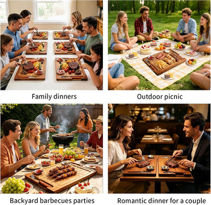 Acacia Wooden Steak Board Set Carnivore Cutting Board Plate for Eating | Steak Serving Charcuterie Boards with Knife Fork Sauce Cups & Deep Groove for Dinner BBQ Party Restaurant Housewarming Gifts