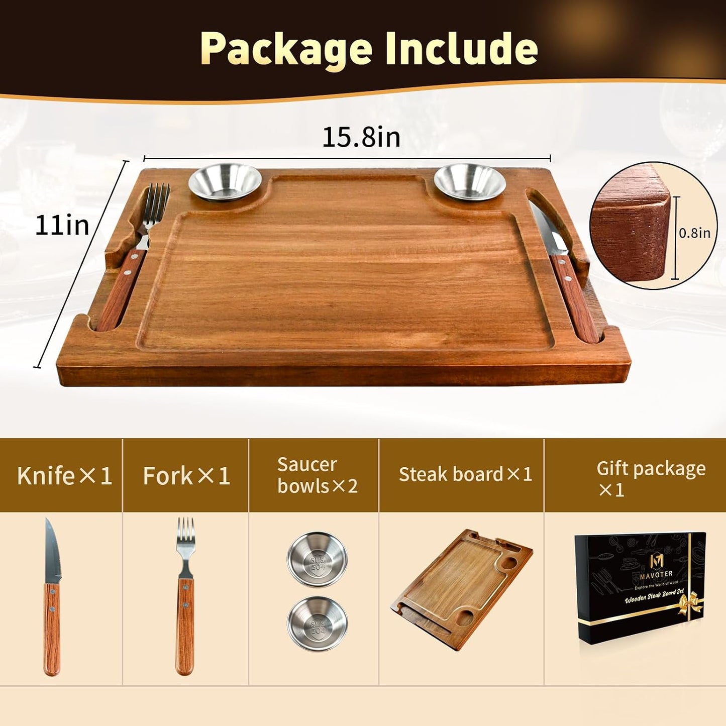 Acacia Wooden Steak Board Set Carnivore Cutting Board Plate for Eating | Steak Serving Charcuterie Boards with Knife Fork Sauce Cups & Deep Groove for Dinner BBQ Party Restaurant Housewarming Gifts