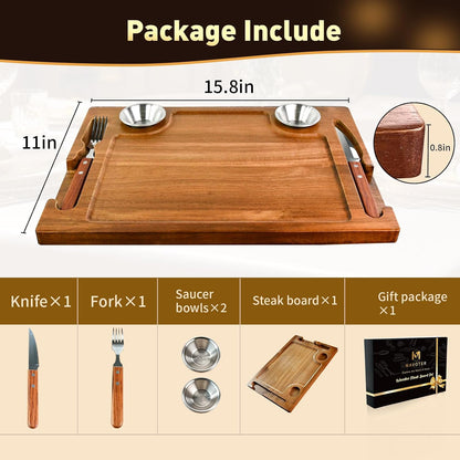 Acacia Wooden Steak Board Set Carnivore Cutting Board Plate for Eating | Steak Serving Charcuterie Boards with Knife Fork Sauce Cups & Deep Groove for Dinner BBQ Party Restaurant Housewarming Gifts