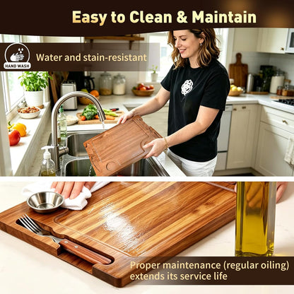 Acacia Wooden Steak Board Set Carnivore Cutting Board Plate for Eating | Steak Serving Charcuterie Boards with Knife Fork Sauce Cups & Deep Groove for Dinner BBQ Party Restaurant Housewarming Gifts
