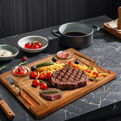 Acacia Wooden Steak Board Set Carnivore Cutting Board Plate for Eating | Steak Serving Charcuterie Boards with Knife Fork Sauce Cups & Deep Groove for Dinner BBQ Party Restaurant Housewarming Gifts