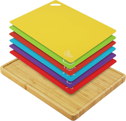 Bamboo Cutting Board Set with 6 Color-Coded Flexible Chopping Mats,BPA Free, Durable & Multi-Purpose for Kitchen Prep, Ideal Charcuterie & Chopping for Meat, Vegetables and Fruits Ideal Kitchen Gifts