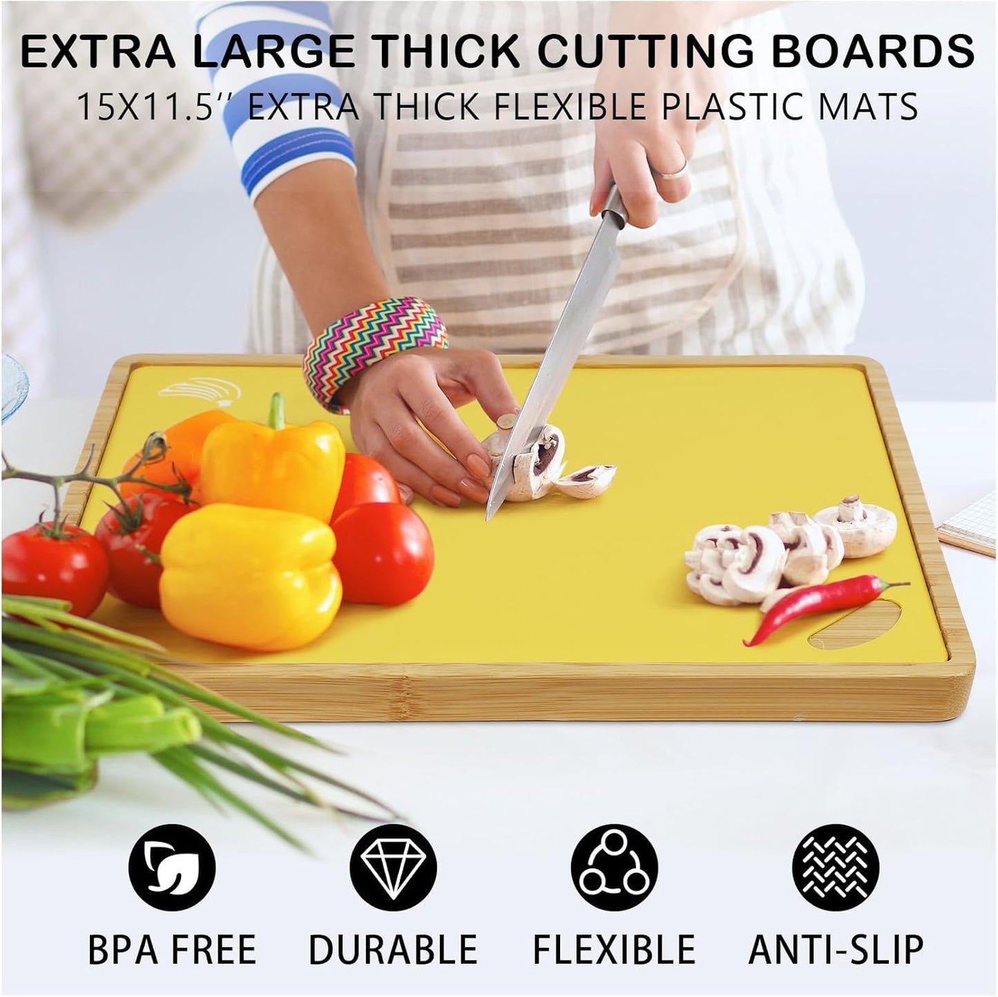Bamboo Cutting Board Set with 6 Color-Coded Flexible Chopping Mats,BPA Free, Durable & Multi-Purpose for Kitchen Prep, Ideal Charcuterie & Chopping for Meat, Vegetables and Fruits Ideal Kitchen Gifts