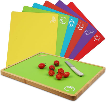 Bamboo Cutting Board Set with 6 Color-Coded Flexible Chopping Mats,BPA Free, Durable & Multi-Purpose for Kitchen Prep, Ideal Charcuterie & Chopping for Meat, Vegetables and Fruits Ideal Kitchen Gifts