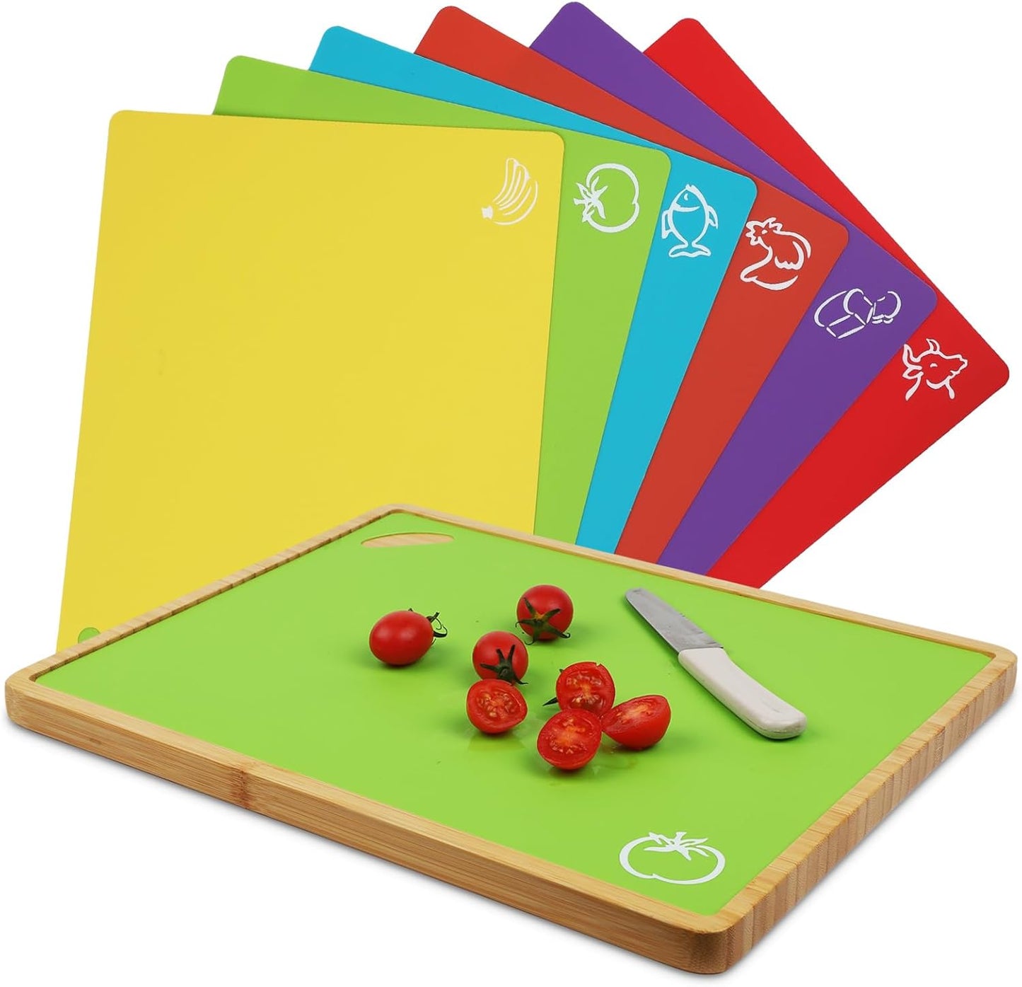 Bamboo Cutting Board Set with 6 Color-Coded Flexible Chopping Mats,BPA Free, Durable & Multi-Purpose for Kitchen Prep, Ideal Charcuterie & Chopping for Meat, Vegetables and Fruits Ideal Kitchen Gifts