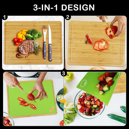 Bamboo Cutting Board Set with 6 Color-Coded Flexible Chopping Mats,BPA Free, Durable & Multi-Purpose for Kitchen Prep, Ideal Charcuterie & Chopping for Meat, Vegetables and Fruits Ideal Kitchen Gifts