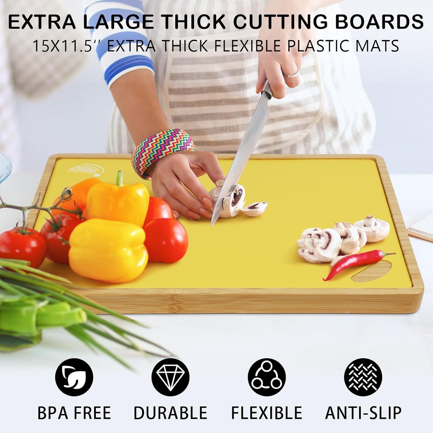 Bamboo Cutting Board Set with 6 Color-Coded Flexible Chopping Mats,BPA Free, Durable & Multi-Purpose for Kitchen Prep, Ideal Charcuterie & Chopping for Meat, Vegetables and Fruits Ideal Kitchen Gifts
