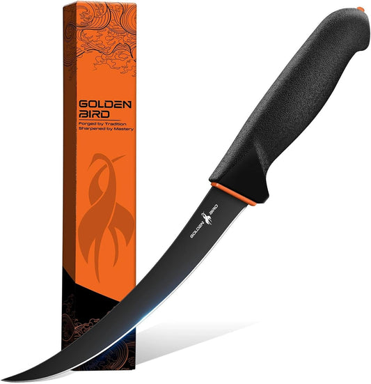 Golden Bird 6 Inch Curved Boning Knife for Meat Cutting with Non‑Slip Grip | Flexible Filet Butcher Knife with German Stainless Steel, Ideal for Meat Trimming, Fish Deboning, Gift for Men