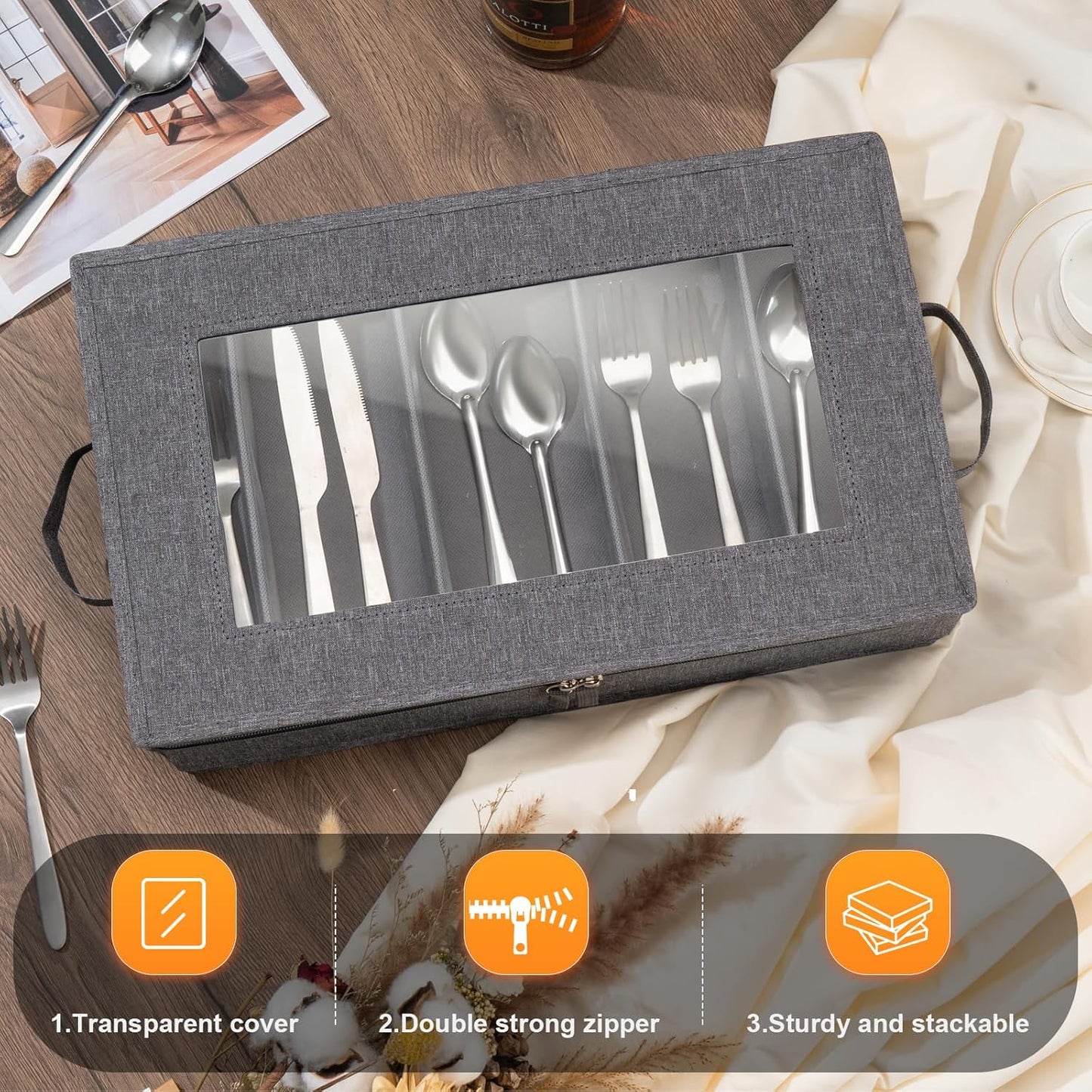 Flatware Utensil Storage Case, Silverware Storage Box Chest with Adjustable Dividers, Cutlery Storage Holder with Zipper Lid for Organizing Cutlery, Flatware, Knives, Large Capacity Gray