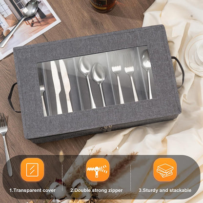 Flatware Utensil Storage Case, Silverware Storage Box Chest with Adjustable Dividers, Cutlery Storage Holder with Zipper Lid for Organizing Cutlery, Flatware, Knives, Large Capacity Gray