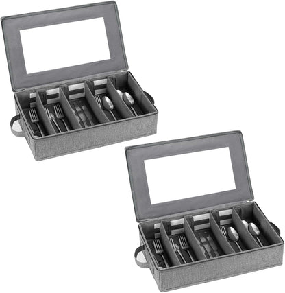 Flatware Utensil Storage Case, Silverware Storage Box Chest with Adjustable Dividers, Cutlery Storage Holder with Zipper Lid for Organizing Cutlery, Flatware, Knives, Large Capacity Gray