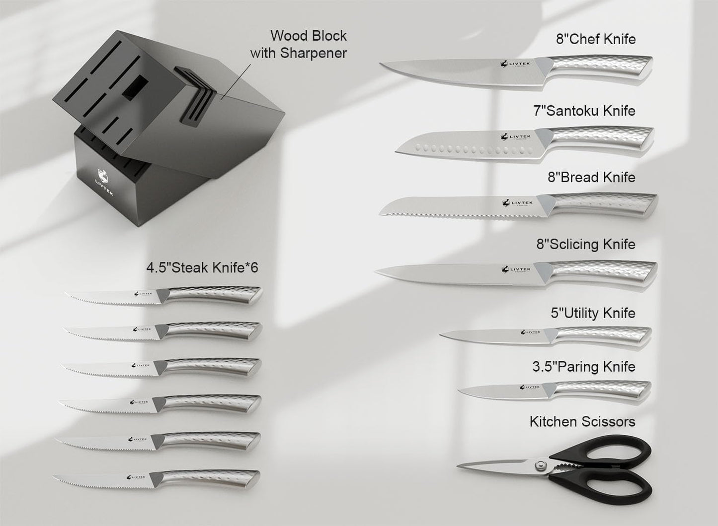 Kitchen Knife Set with Block: 15-Piece German Stainless Steel with Dual Sharpener for Cook Enthusiasts - Covers 95% Kitchen Tasks - Silver Full-Tang Ergonomic Handle, Dishwasher Safe, Gift Box