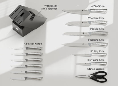 Kitchen Knife Set with Block: 15-Piece German Stainless Steel with Dual Sharpener for Cook Enthusiasts - Covers 95% Kitchen Tasks - Silver Full-Tang Ergonomic Handle, Dishwasher Safe, Gift Box