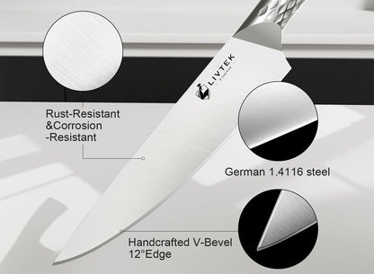 Kitchen Knife Set with Block: 15-Piece German Stainless Steel with Dual Sharpener for Cook Enthusiasts - Covers 95% Kitchen Tasks - Silver Full-Tang Ergonomic Handle, Dishwasher Safe, Gift Box