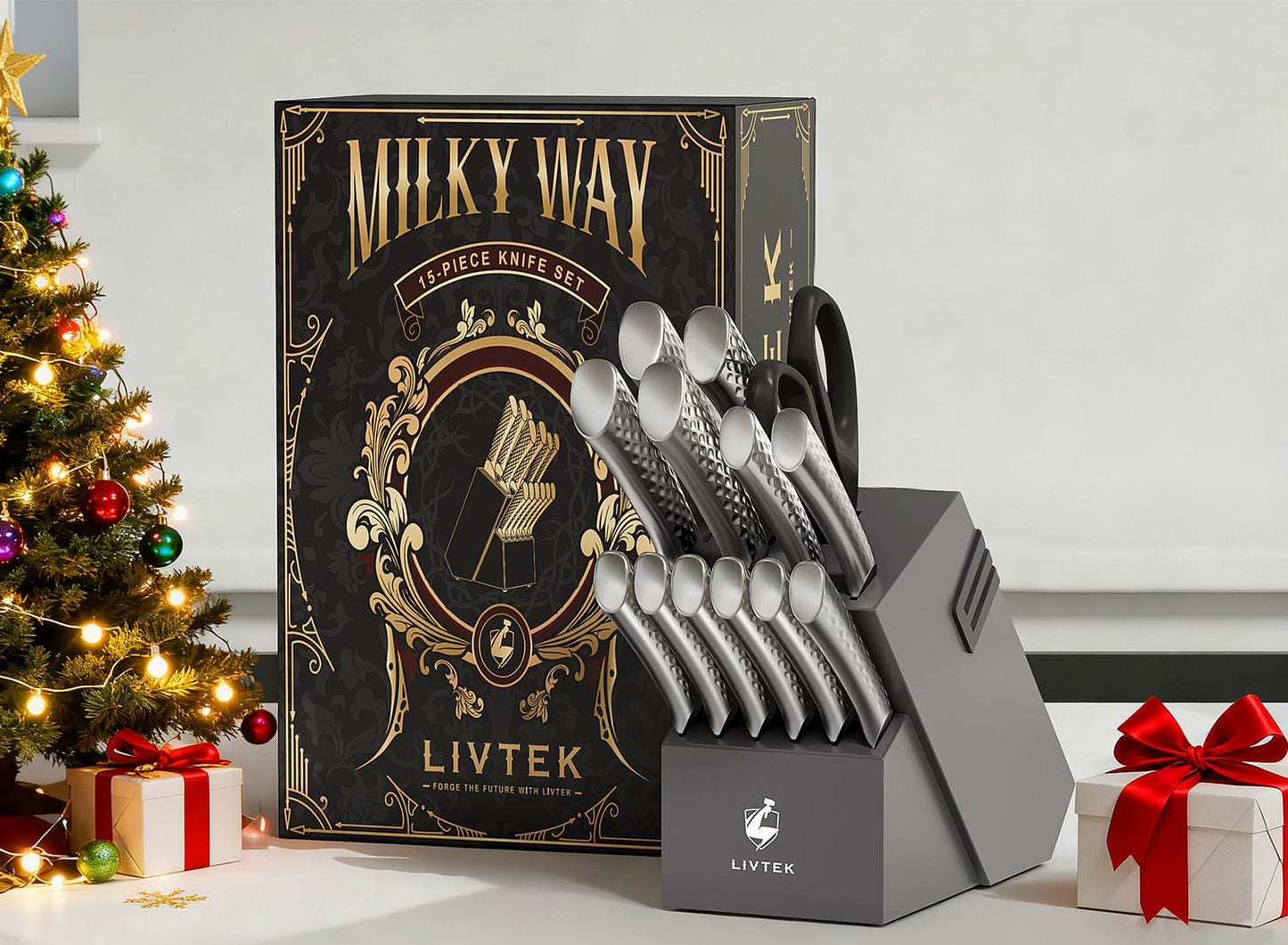 Kitchen Knife Set with Block: 15-Piece German Stainless Steel with Dual Sharpener for Cook Enthusiasts - Covers 95% Kitchen Tasks - Silver Full-Tang Ergonomic Handle, Dishwasher Safe, Gift Box