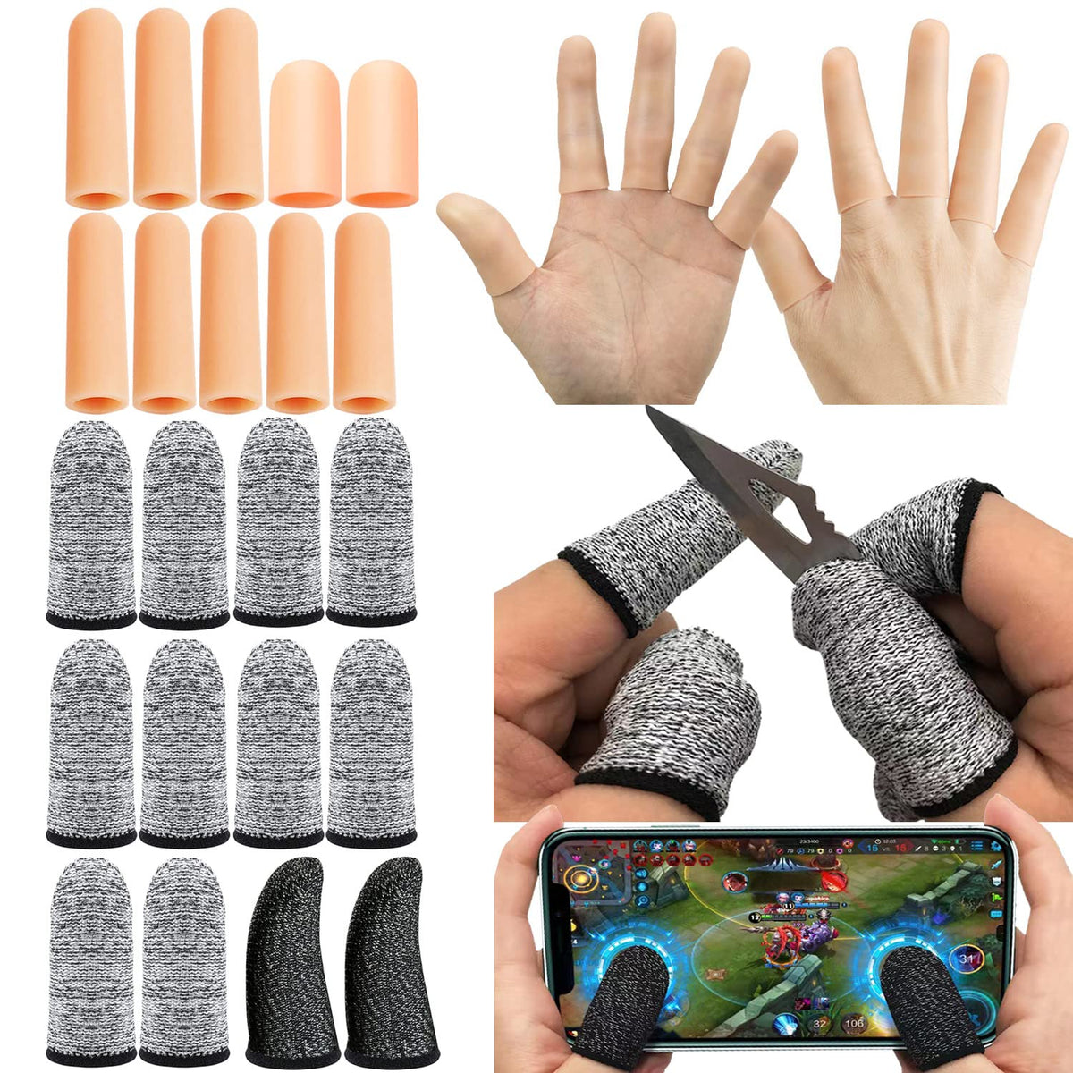 22Pcs Gel Finger Cots Cut Resistant Gloves Set, Sleeves Guards Protectors Cutting Covers Protection Gaming Fingertips Touch