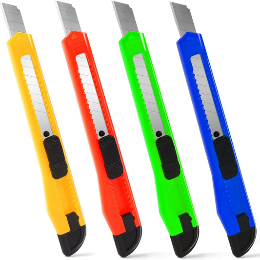 4 Pack Box Cutter, 9mm Snap-off Utility Knife, Box Cutter Retractable for Opening Packages Cartons, Box Opener, Disposable Razor Knife Exacto Knife Perfect for Office and Home use