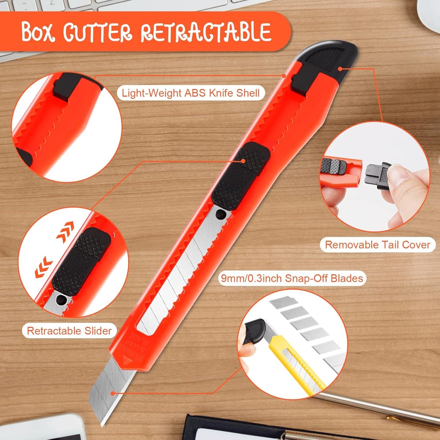 4 Pack Box Cutter, 9mm Snap-off Utility Knife, Box Cutter Retractable for Opening Packages Cartons, Box Opener, Disposable Razor Knife Exacto Knife Perfect for Office and Home use