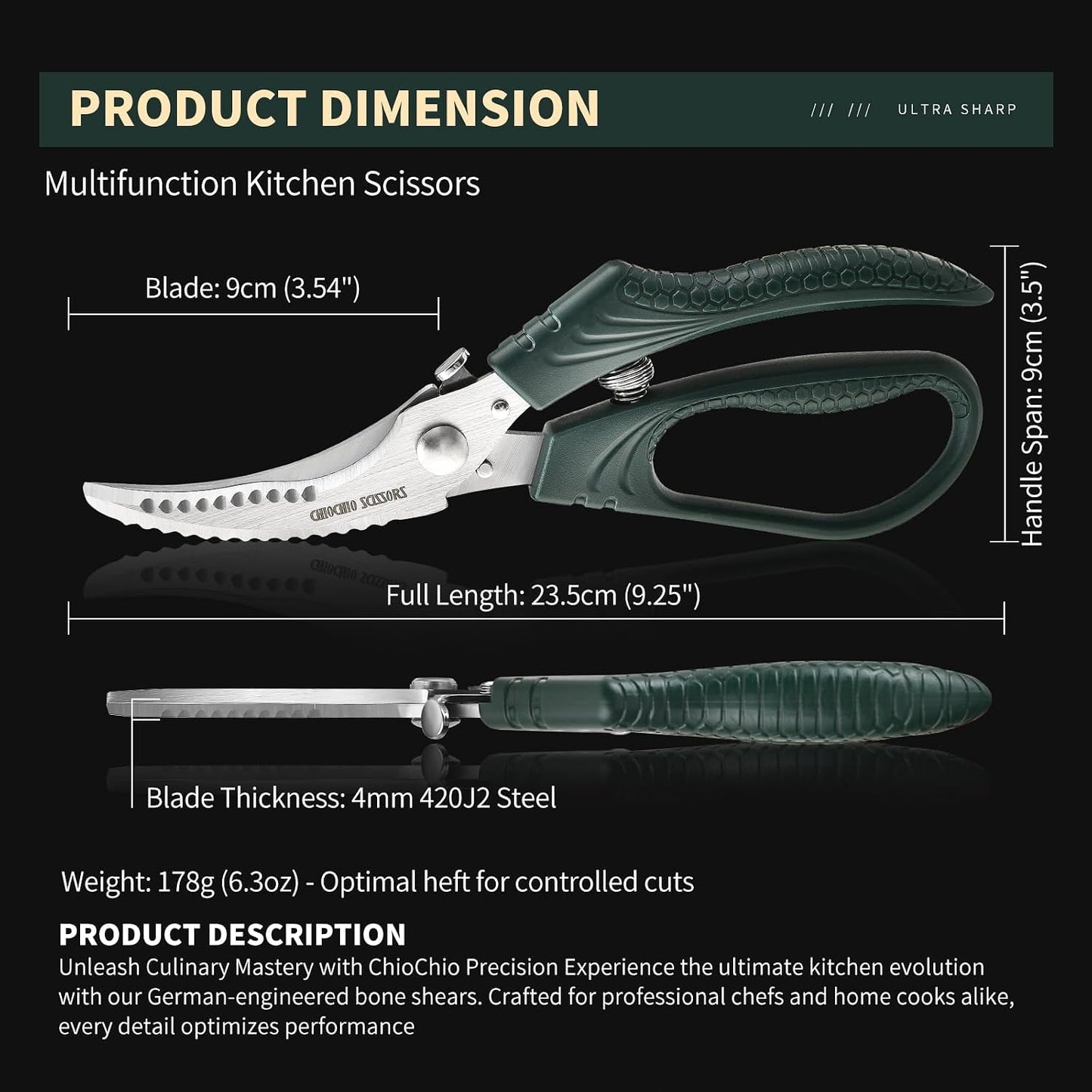 Poultry Shears，Heavy Duty Kitchen Shears with Anti-Slip Handle & Safety Lock，for Meat, Chicken, Bone, Turkey, Fish，Spring-Loaded, Dishwasher Safe